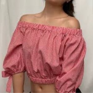 Zara red checkered tie sleeve crop off the shoulder top, size S